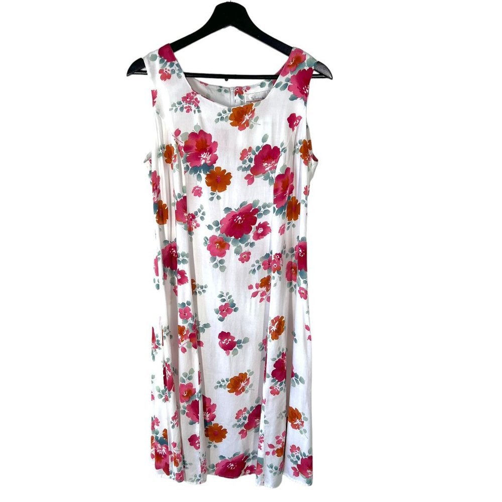 Vintage 90s White Red Floral Sleeveless A Line Below Knee Dress 10
